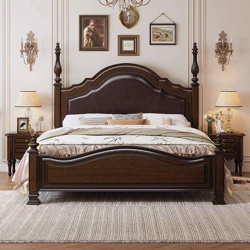 美式乡村实木床1.8m主卧大床复古高端软包双人床胡桃色轻奢储物床