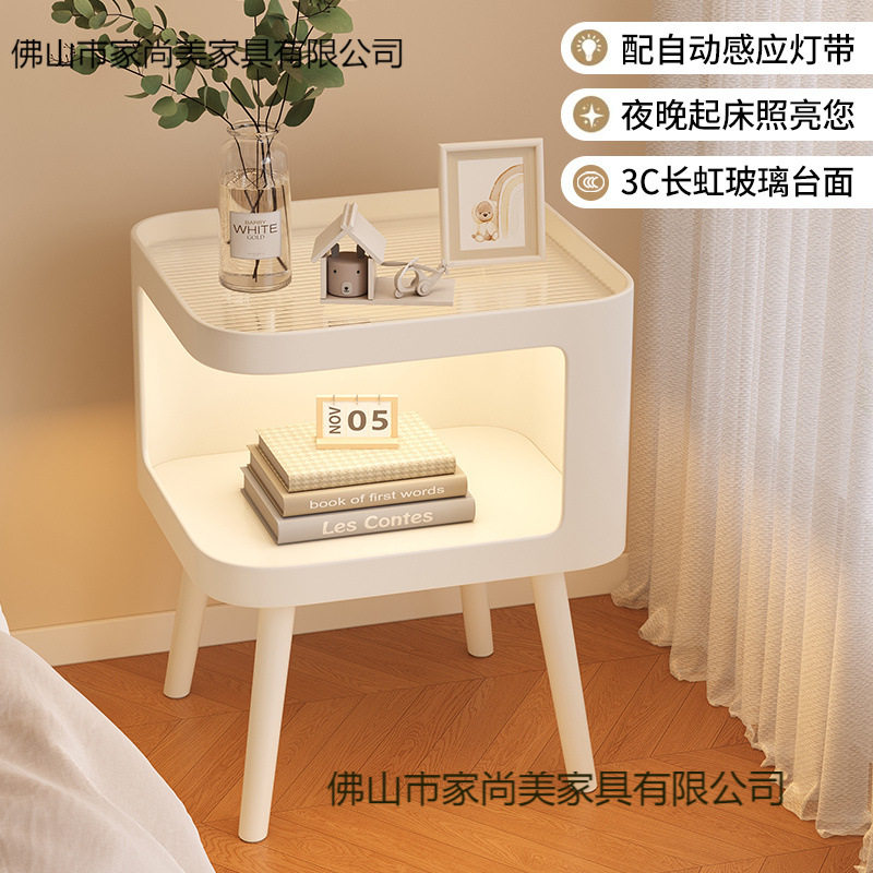工厂直销夹缝窄边极简铁艺家用卧室收纳储物一体奶油风置物床头柜图片