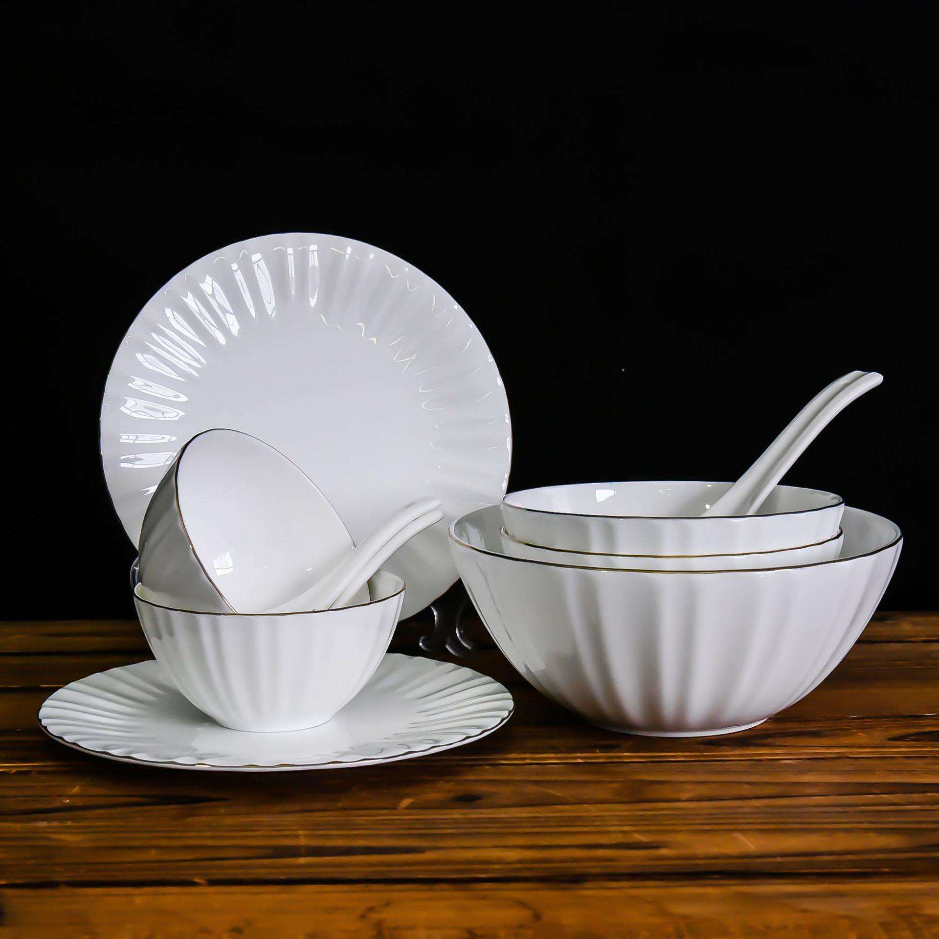 简约陶瓷金边碗盘碟白色西餐盘子家用金边骨瓷餐具套装