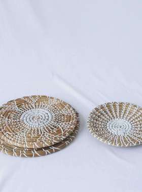 草编挂盘三件套欧式家用海草编织白色花纹装饰盘客厅玄关摆件挂件