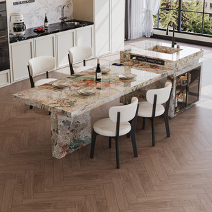 带水槽中导台定制 粉绿岩板岛台餐桌一体别墅家用2025新款 法式 四季