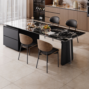 意式 客厅家用 轻奢天然大理石黑玫瑰奢石齐平岛台餐桌一体2025新款