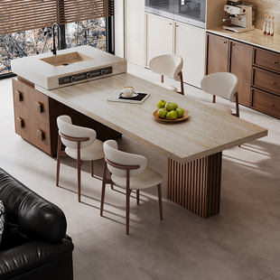 岩板岛台餐桌一体客厅家用中古风洞石中导台带水槽设计师款 可定制