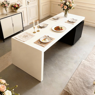 齐平岛台餐桌一体家用厨房法式奶油复古风高端岩板中导台吧台定制