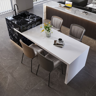 意式 极简可伸缩岩板岛台餐桌茶台一体吧台定制小户型移动中导台