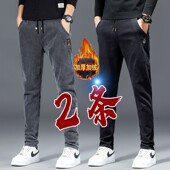加厚修身 男款 直筒裤 休闲松紧腰裤 冬季 子耐磨工作裤 加绒弹力牛仔裤