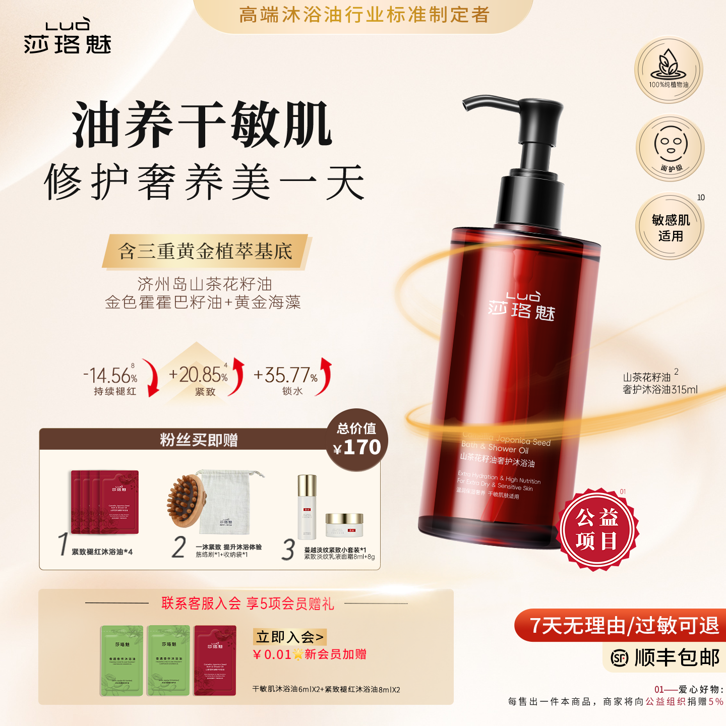 【新年礼物】莎珞魅山茶花籽油奢护沐浴油褪红紧致保湿敏感肌适用,美容护肤/美体/精油,沐浴油,淘宝优惠券,粉丝福利购,淘宝优惠卷
