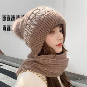 帽子女冬天加厚加绒保暖围脖围巾一体帽时尚针织帽骑车防寒风雪帽