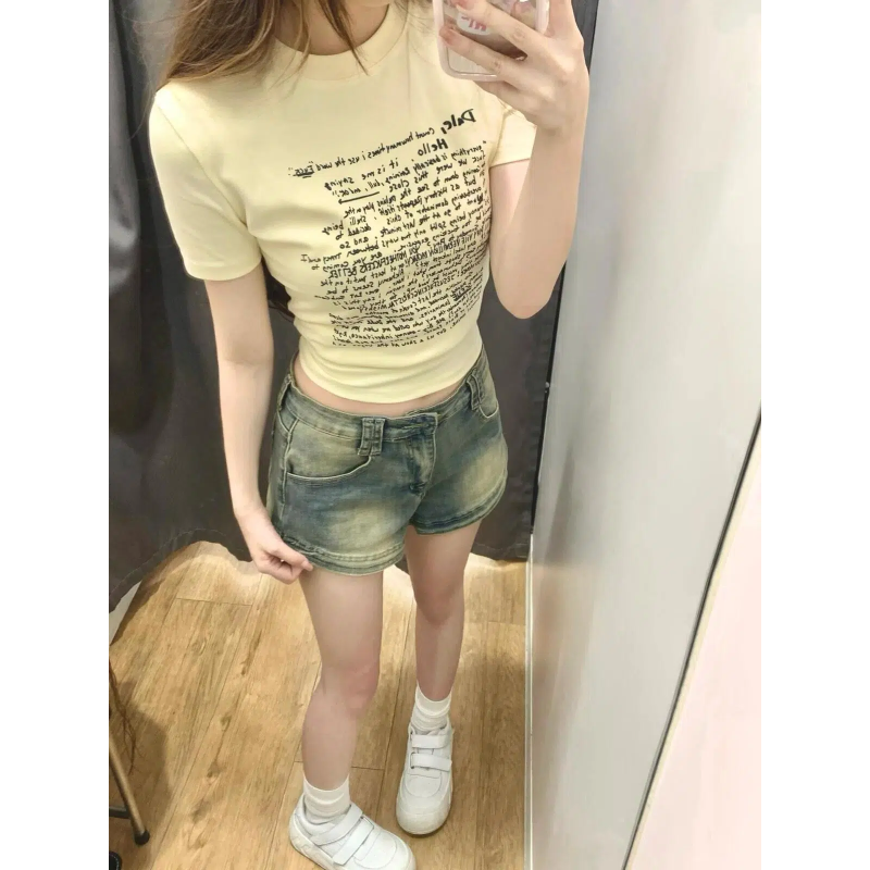 美式辣妹字母柠檬黄正肩短袖t恤女夏季复古显瘦潮牌纯棉短款上衣