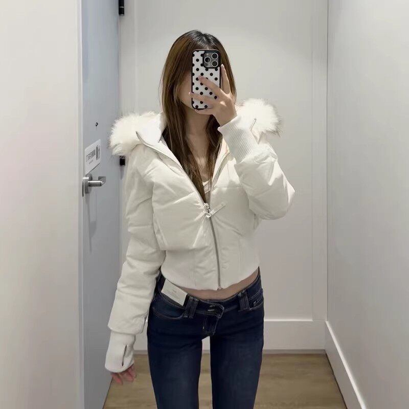 超好看白色大毛领连帽棉服女冬短款收腰百搭显瘦加厚保暖棉衣外套