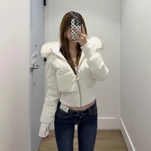 超好看白色大毛领连帽棉服女冬短款收腰百搭显瘦加厚保暖棉衣外套