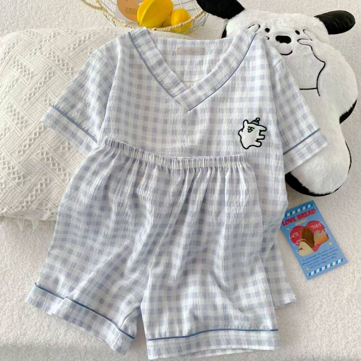 2026年夏天女短袖短裤宽松套头V领睡衣云朵棉女生家居服两件套装