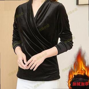 黑色V领金丝绒长袖T恤女加绒加厚修身收腰褶皱上衣保暖妈妈打底衫