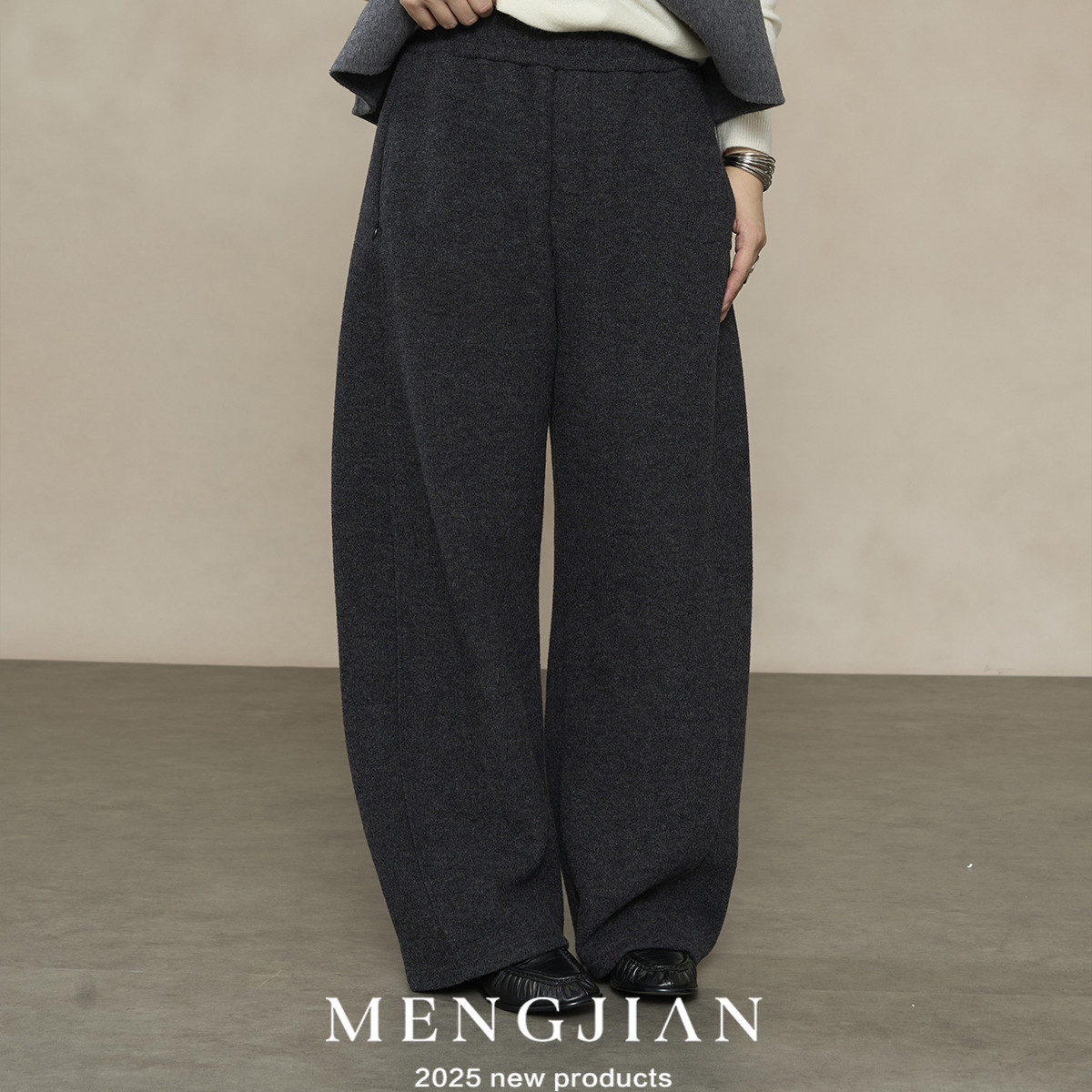 MENGJIAN加绒弯刀裤女25冬季新款加厚保暖阔腿裤高腰休闲直筒裤子