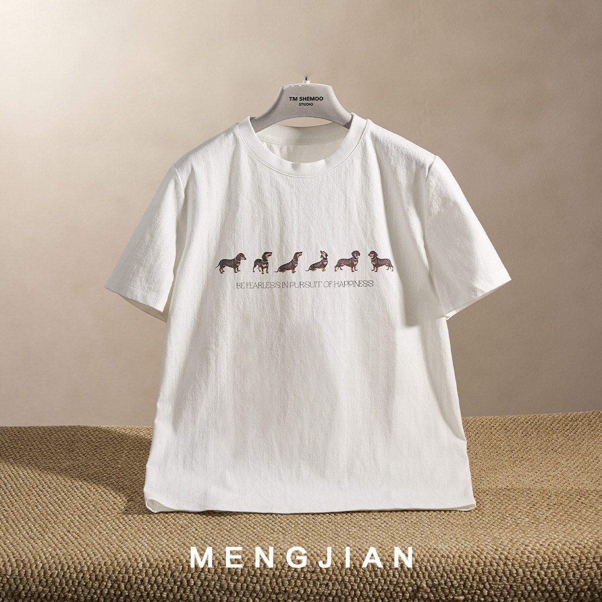 MENGJIAN-腊肠小狗印花小白T恤女26夏季新款百搭正肩基础短袖上衣