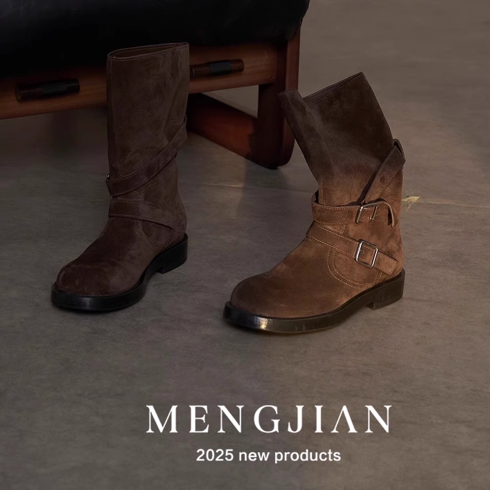 咖色牛反绒粗跟中筒靴马丁靴