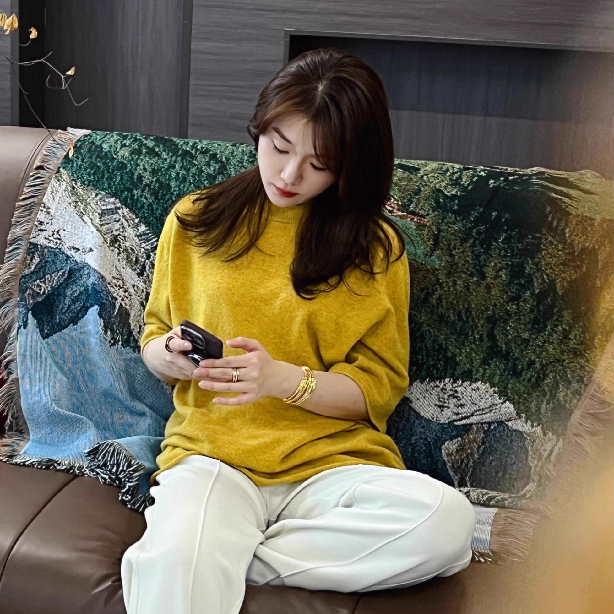 MENGJIAN软糯羊绒半袖打底衫女2025秋季新款羊毛圆领纯色针织衫