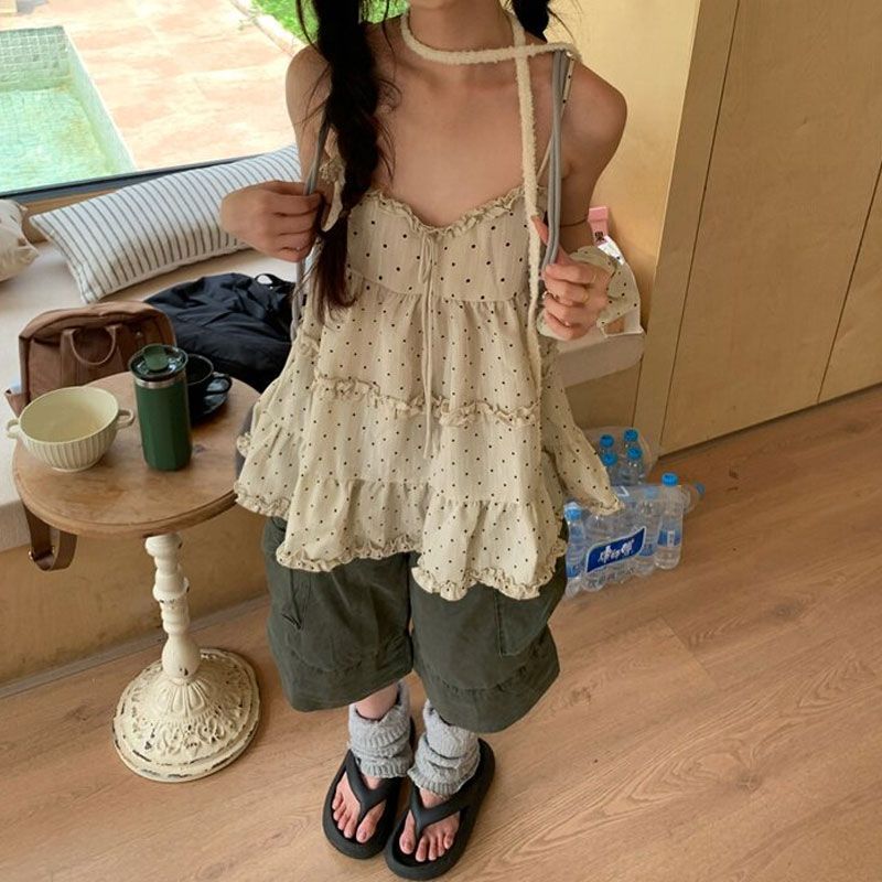 ins夏季新款韩系甜美复古木耳边波点拼接宽松吊带连衣裙无袖上衣