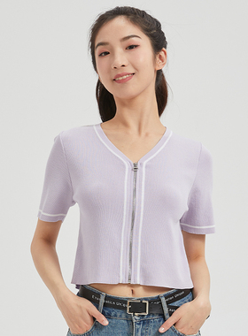 冰丝针织衫开衫女薄款多巴胺百搭气质短款上衣短袖新款夏季v领T恤