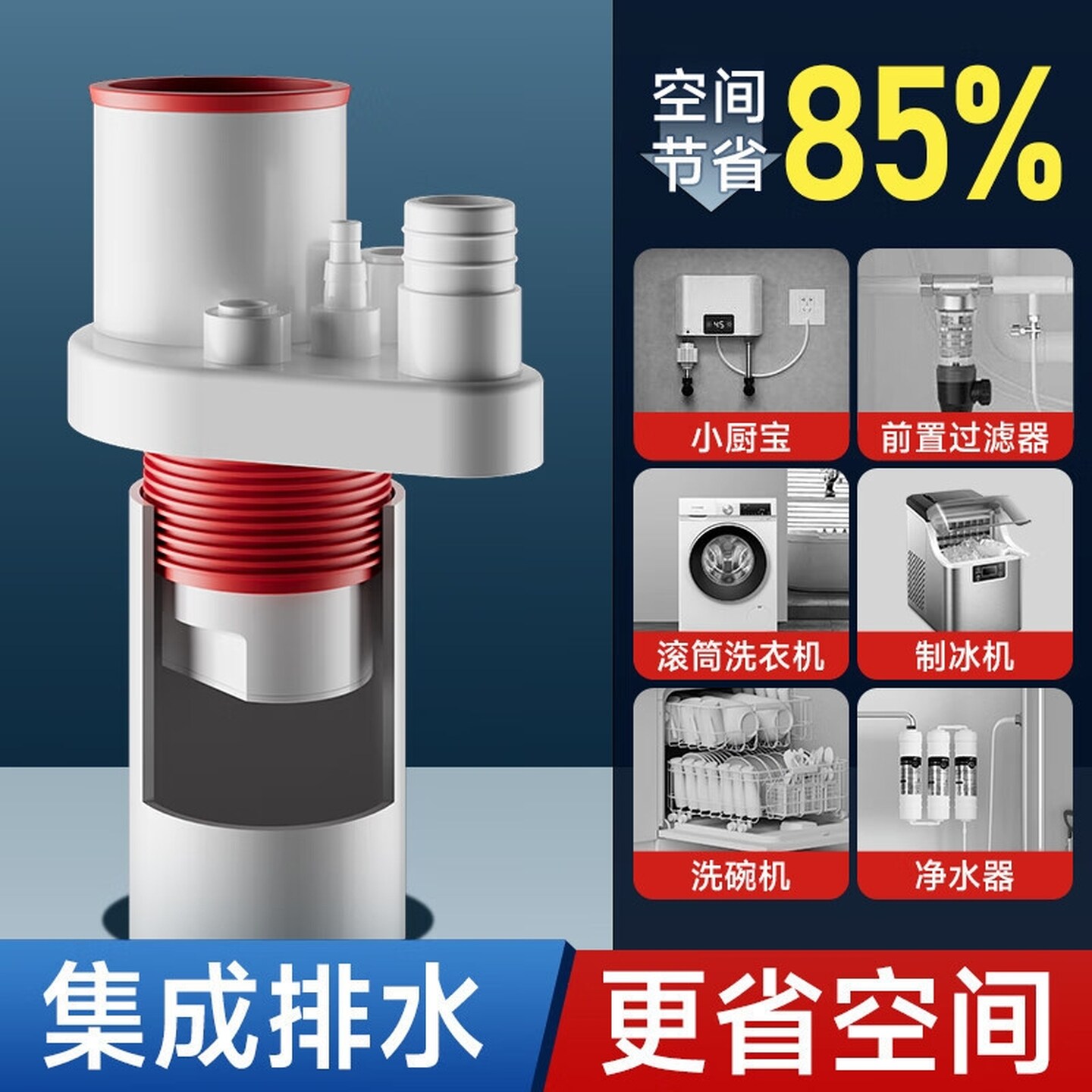 厨房五通净水器三头通接下水道多功能分水器止逆阀排水防返臭神器