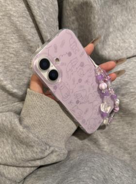 ins可爱紫色线条猫咪插画带挂链适用于iPhone17苹果16手机壳14promax韩iPhone15防摔全包保护套16promax个性1