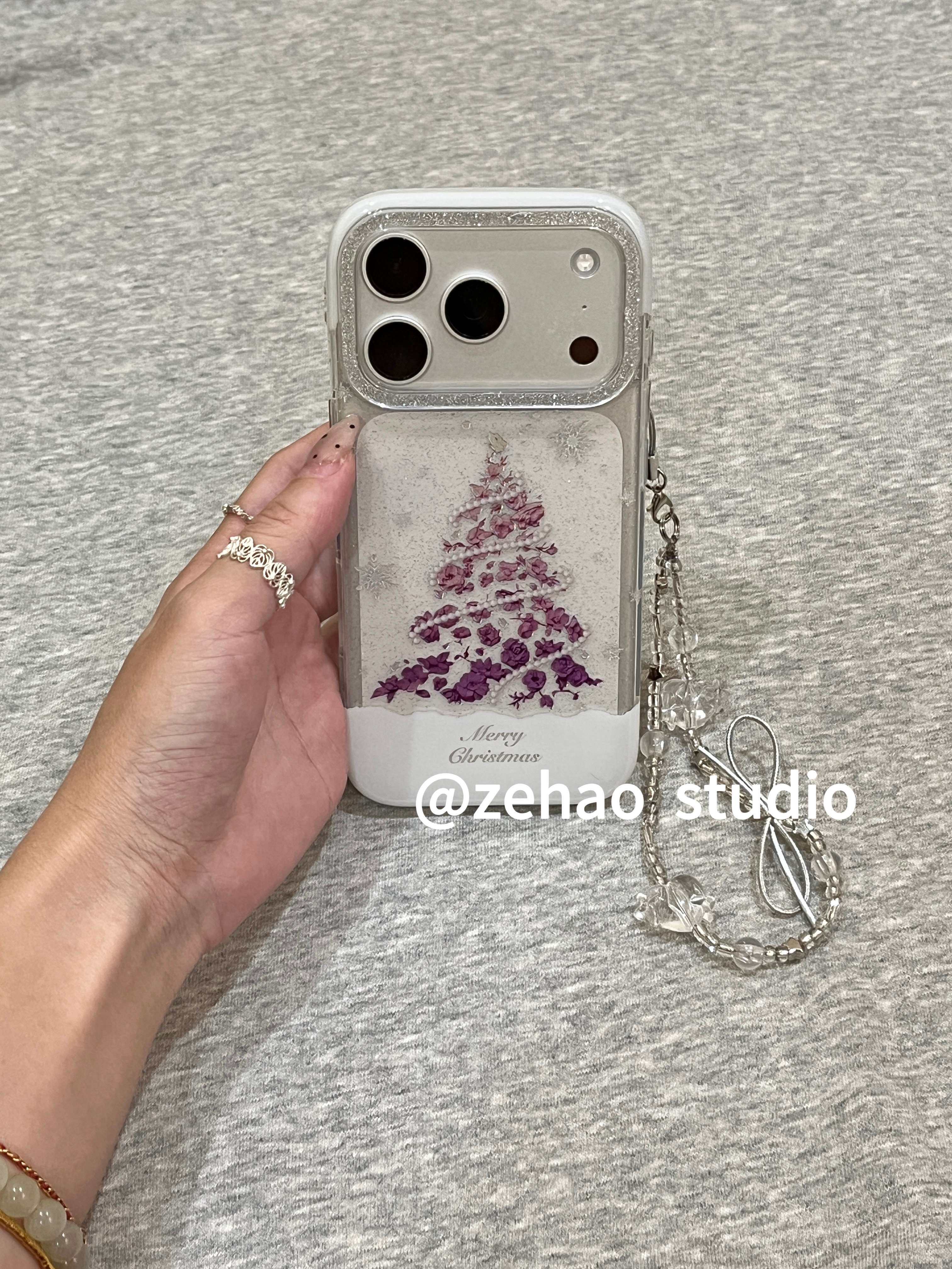 ins韩系透明细闪镭射紫玫瑰树适用iphone17promax手机壳17苹果17pro新款15创意16pro女13双层防摔14保护套16