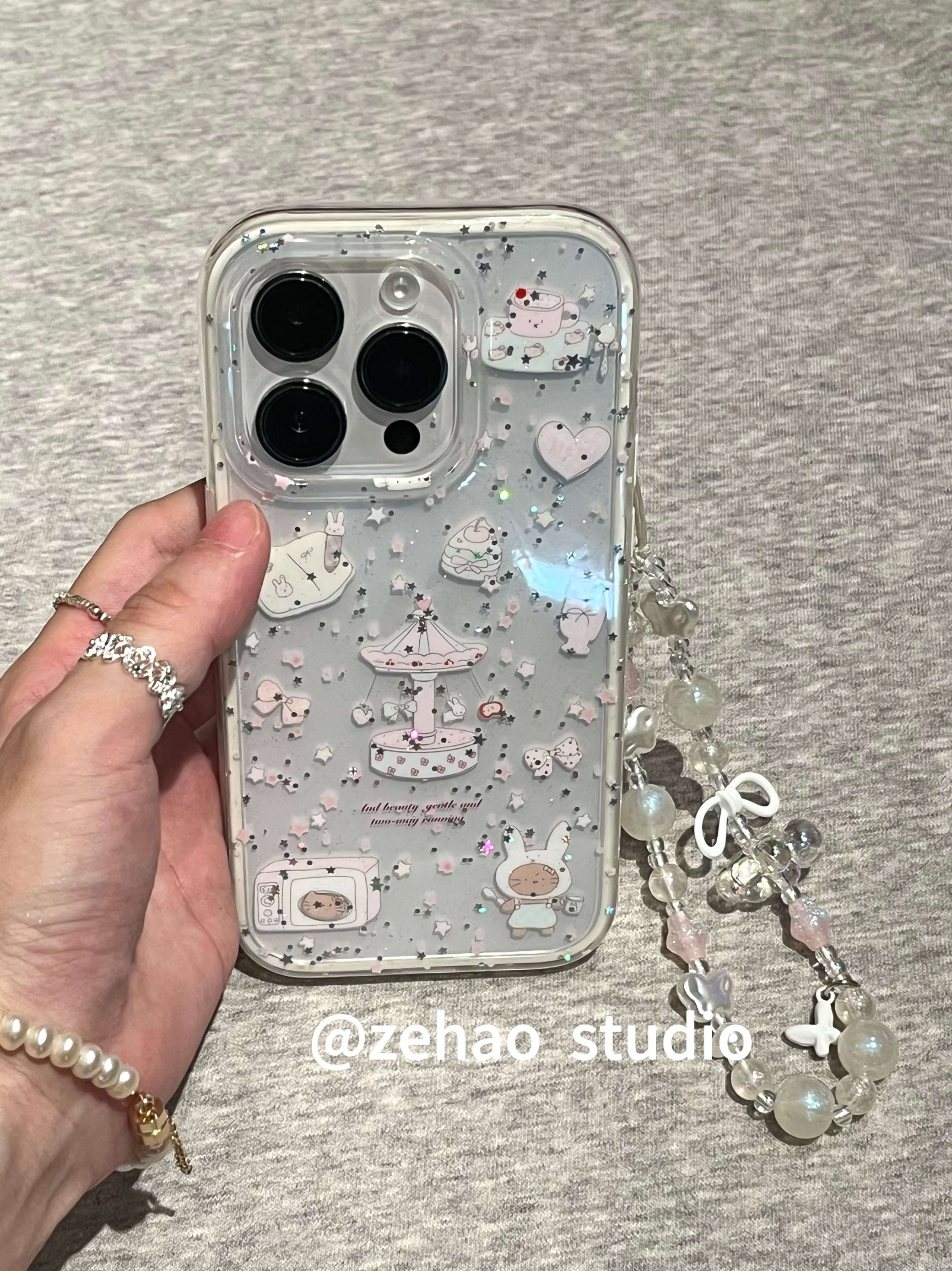 双层白边半透旋转木马米菲兔和kt猫手机壳iPhone16/15保护套15女全包iPhone15pro新款14promax防摔14保护套