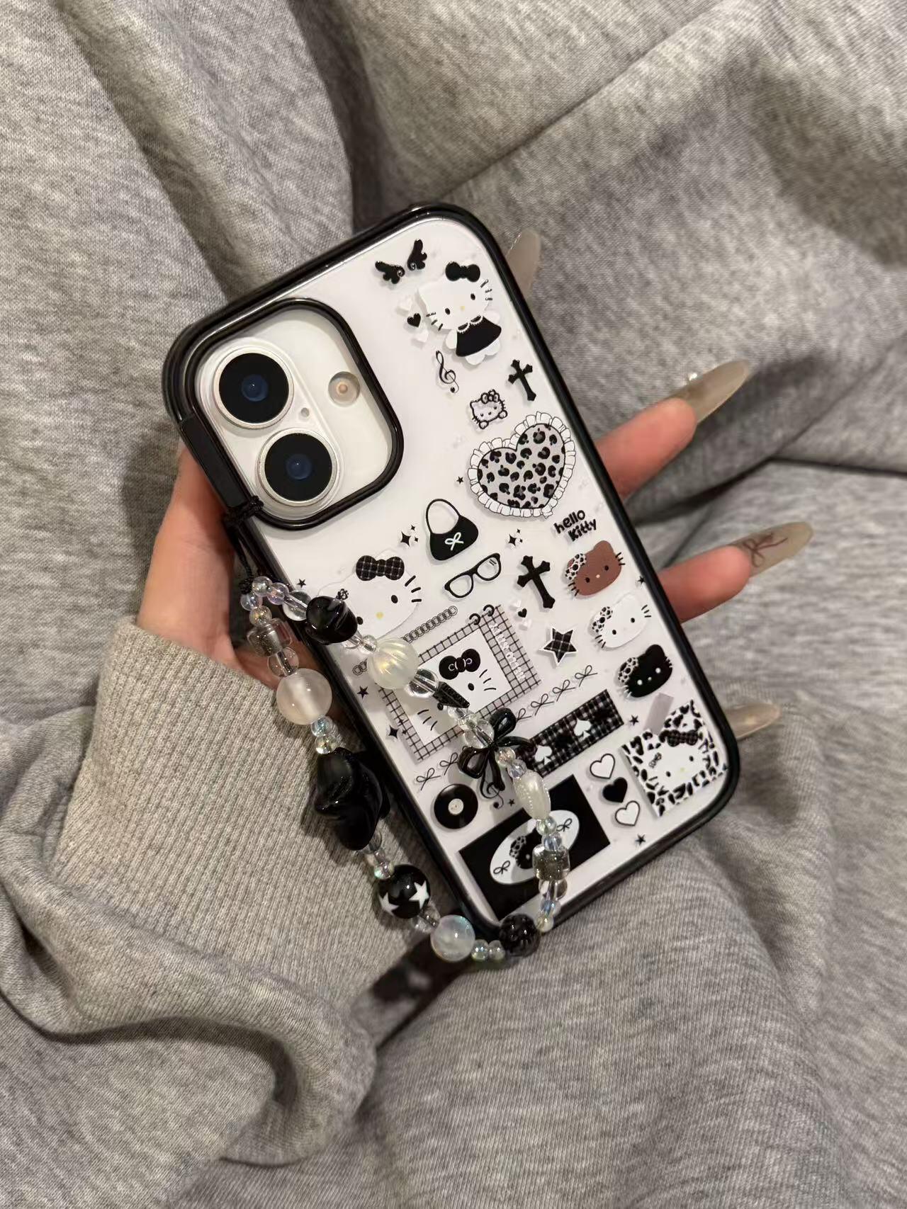ins简约十字架黑白凯蒂猫插画带链条适用苹果17promax手机壳iPhone16韩系14高级感15/13/15Pro防摔14Pro新款1