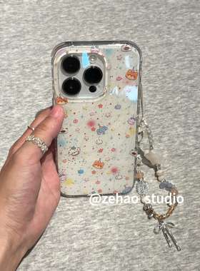 ins暖黄色满屏彩色星星苹果小动物亮面14适用iphone17promax苹果16pro手机壳苹果14/13软15Promax保护套手链