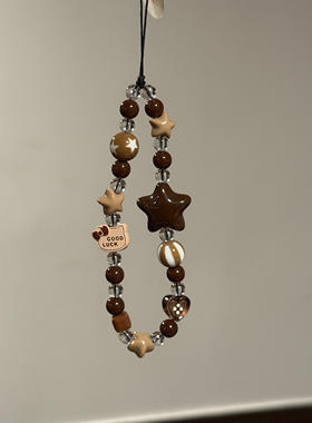 ins风棕色星星kt猫纽扣韩系手机链串珠挂件手机手链ccd挂件相机链