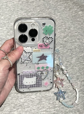 ins日韩可爱贴纸卡通适用苹果16Promax手机壳iPhone13新款15高级感14保护套防摔硅胶16Pro全包透明超薄女款软