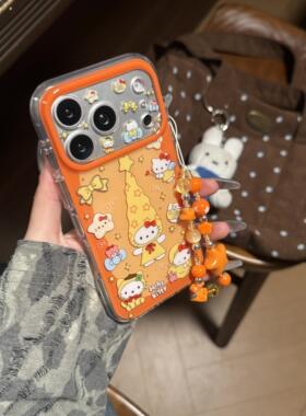 ins韩系可爱橙色星星高帽KT猫链条双层印花适用iphone17promax手机壳苹果17pro新款15创意16pro女13/14防摔16