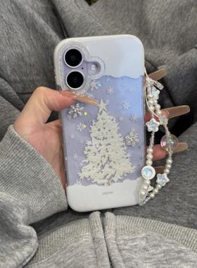 ins韩系透明闪镜细闪白色圣诞树适用iphone17promax手机壳苹果17pro新款15创意16pro女13双层防摔14保护套