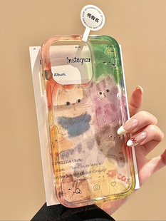 ins半透炫彩猫咪涂鸦高级感苹果16promax新款 创意iPhone16全包边软壳 13pro手机壳iPhone15promax个性