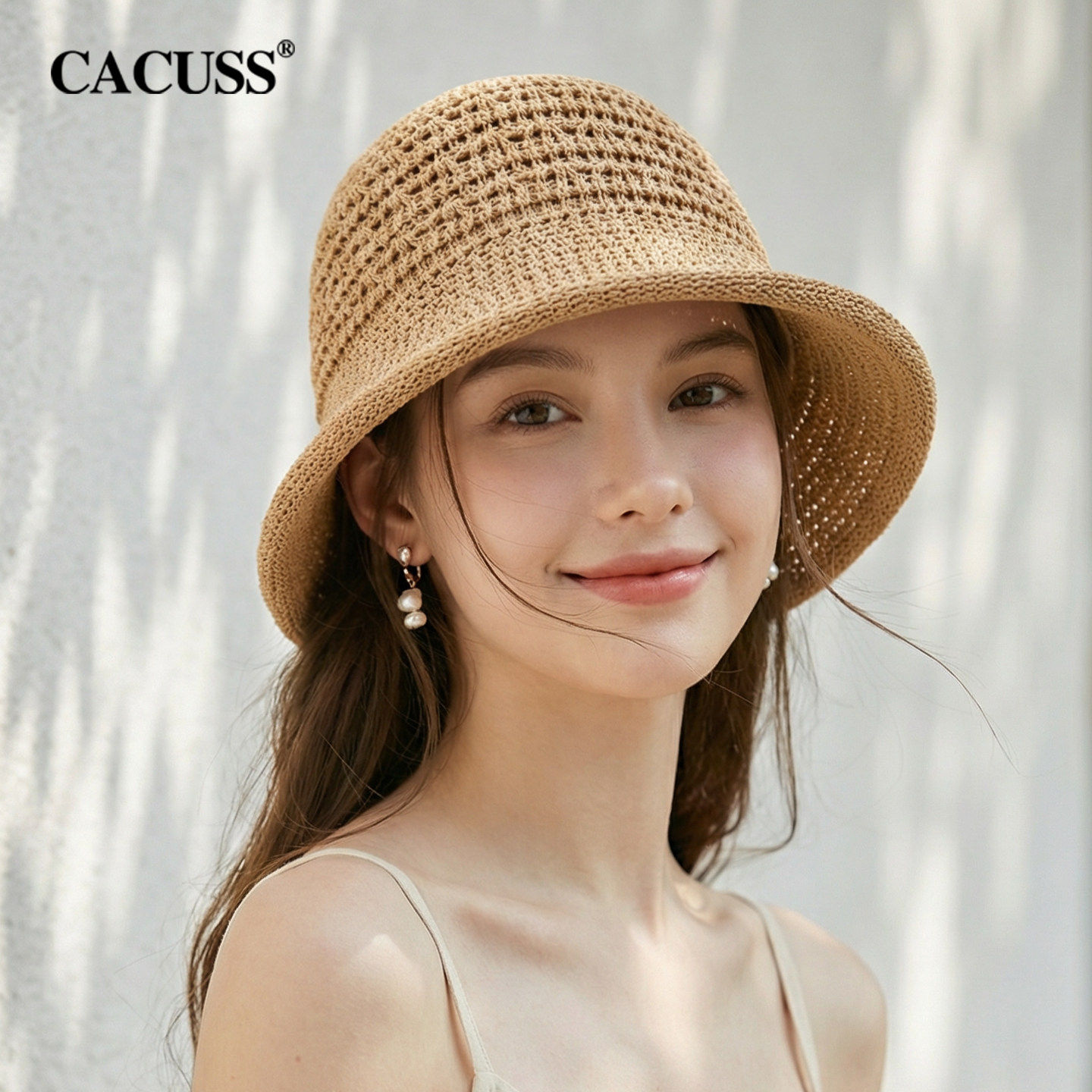 CACUSS镂空编织遮阳帽子女夏季户外显脸小太阳帽复古显脸小渔夫帽