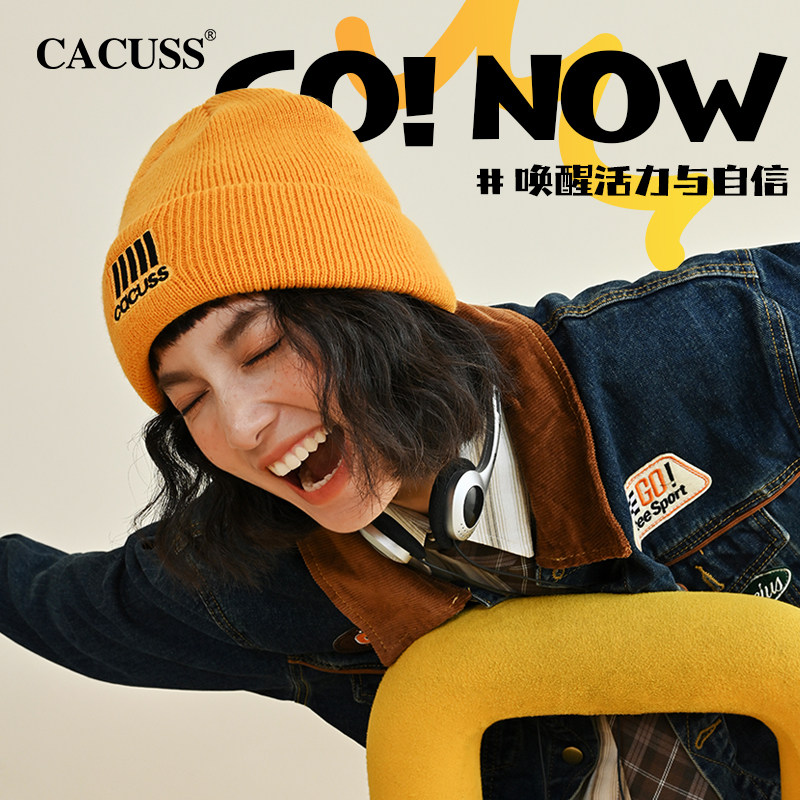 CACUSS针织帽子秋冬季男女户外运动加厚防寒保暖刺绣大头围毛线帽