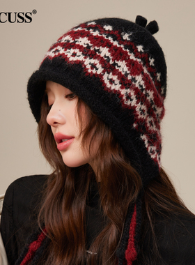 CACUSS费尔岛风针织帽女冬保暖帽子显脸小毛线帽含羊毛护耳雷锋帽