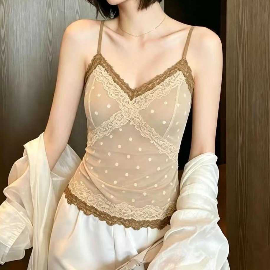 早秋新款波点蕾丝吊带打底背心｜