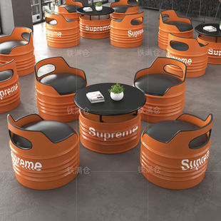 工业风油桶沙发创意酒吧卡座奶茶店办公室休息区铁艺茶几桌椅组合