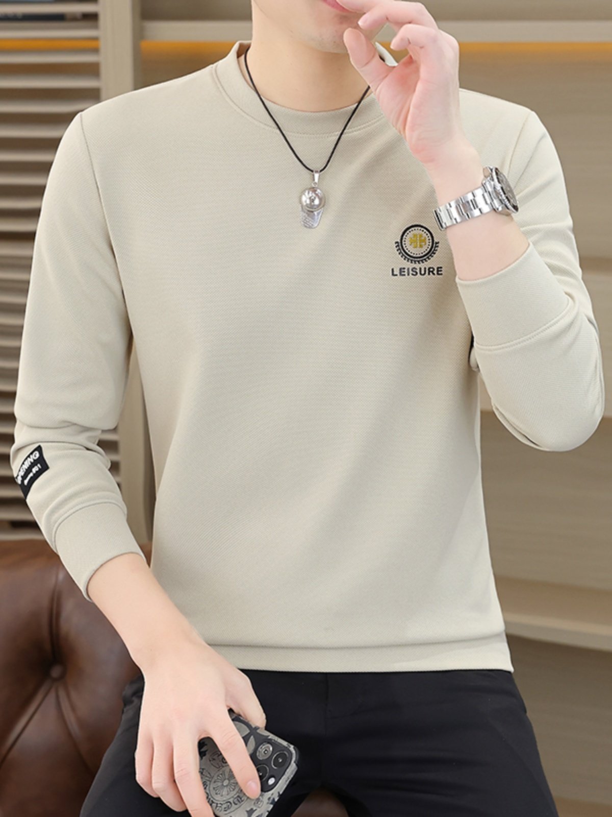 高档圆领卫衣男秋季新款潮流修身长袖t恤青年百搭休闲帅气打底衫