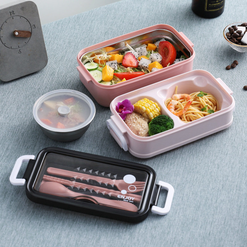 食品级不锈钢饭盒可进微波炉塑料分层防漏保温送饭带餐具餐盒