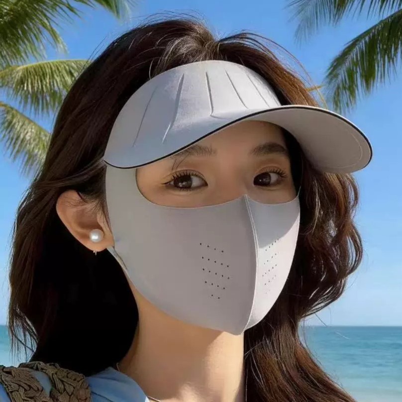 防晒面罩带帽檐3D立体冰丝口罩透气全脸耳挂一体女式夏季防紫外线