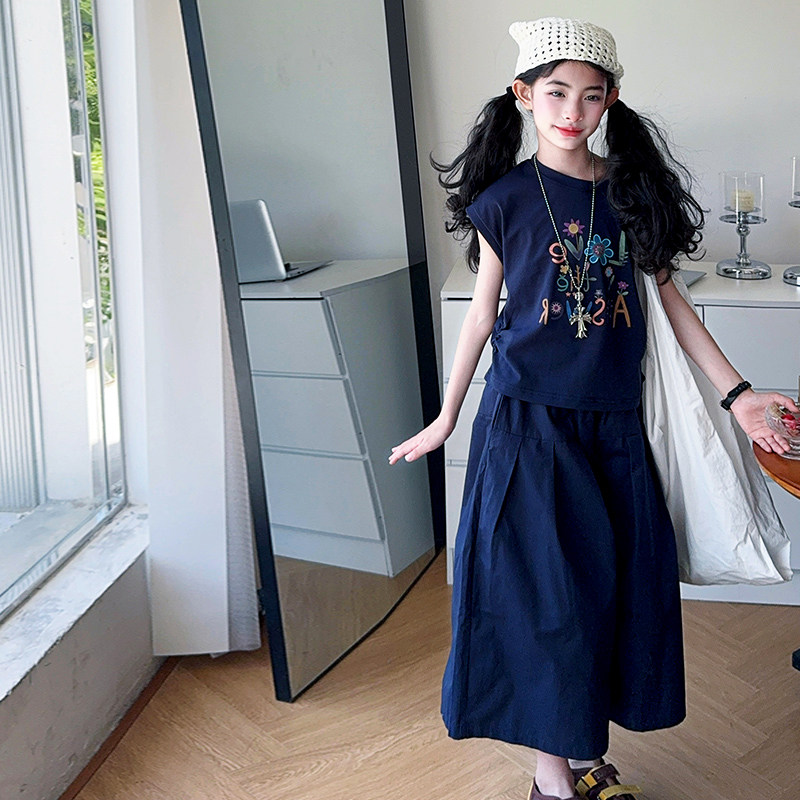 女童夏季阔腿裤套装新款时尚2025年中小学生夏天休闲裤裙两件衣服