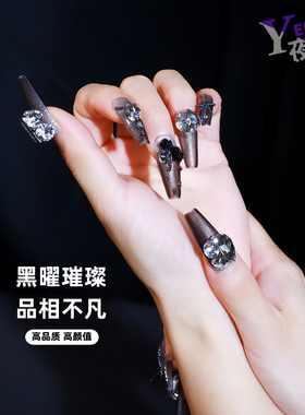 黑色系穿戴甲长款高级感穿戴甲秋冬手作纯色穿戴甲中长款轻奢新款