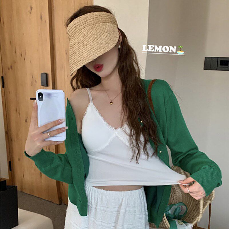 现货白色蕾丝吊带上衣女外穿V领带H胸垫花边内搭法式甜辣纯欲
