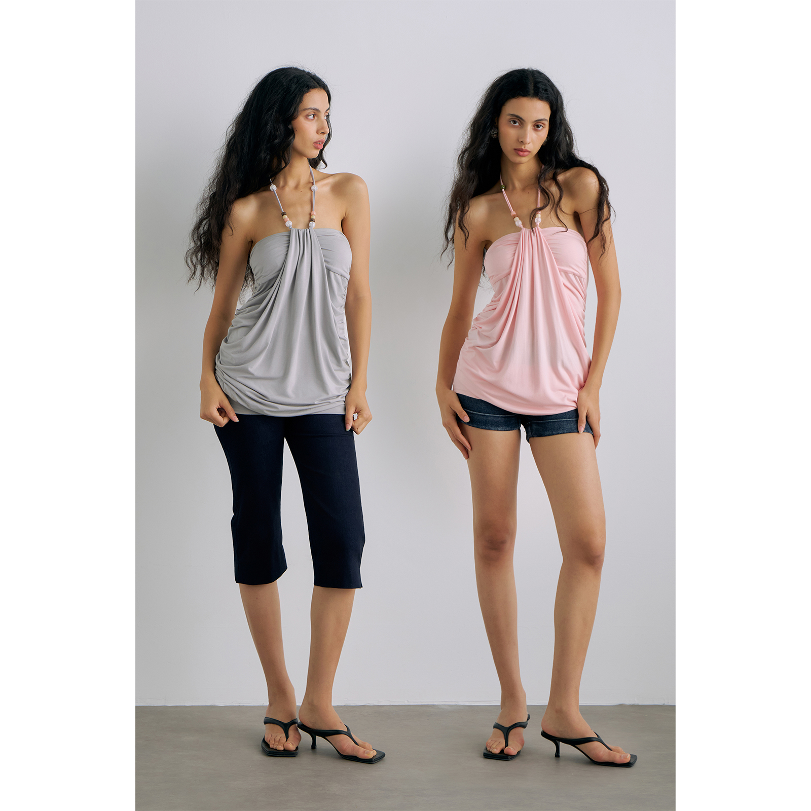 PynkiSwear 浅粉色/浅灰色度假抹胸挂脖上衣夏露背褶皱吊带背心女
