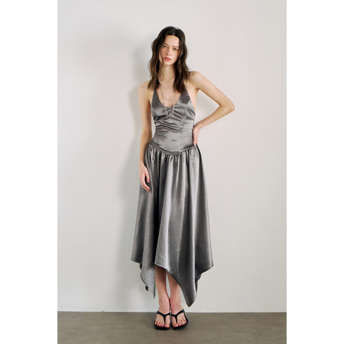 PynkiSwear 银色V领挂脖露背不规则连衣裙打揽裙 肩带可调节