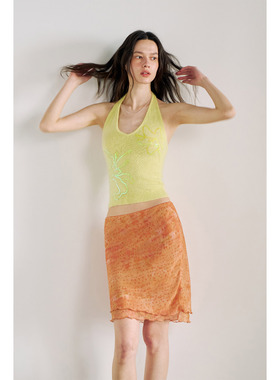 PynkiSwear 粉色/黄色绒感露背挂脖针织背心女珠片绣花短款上衣女