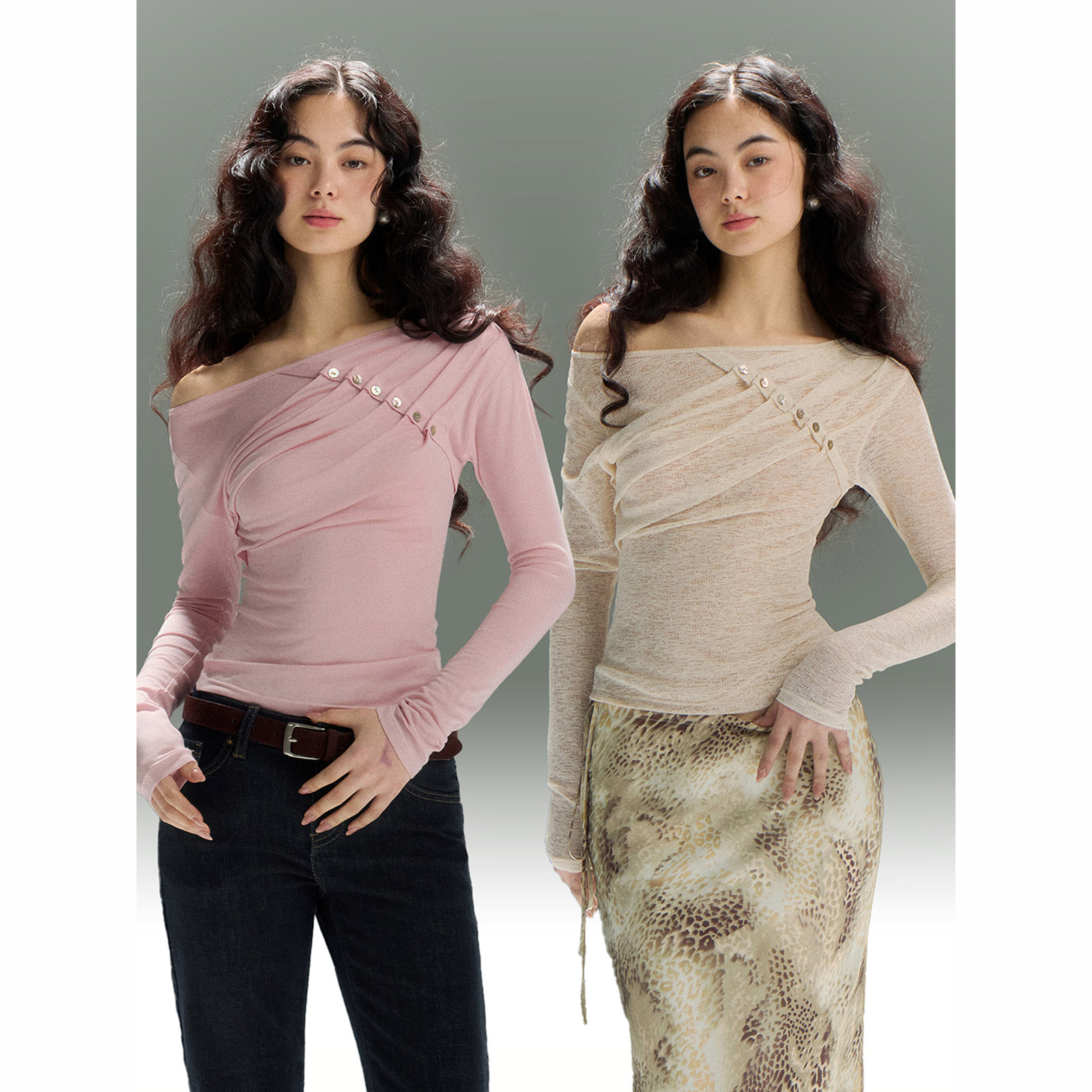 PynkiSwear 米白色/粉色斜肩褶皱长袖针织衫女微透修身毛织上衣