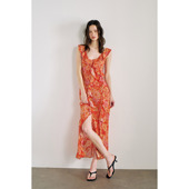 开叉长款 PynkiSwear藏青色印花 红色印花V领荷叶边修身 度假连衣裙